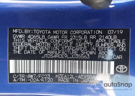 2020 Toyota Corolla Se z USA, uszkodzony, nr VIN JTDS4RCE9LJ035563